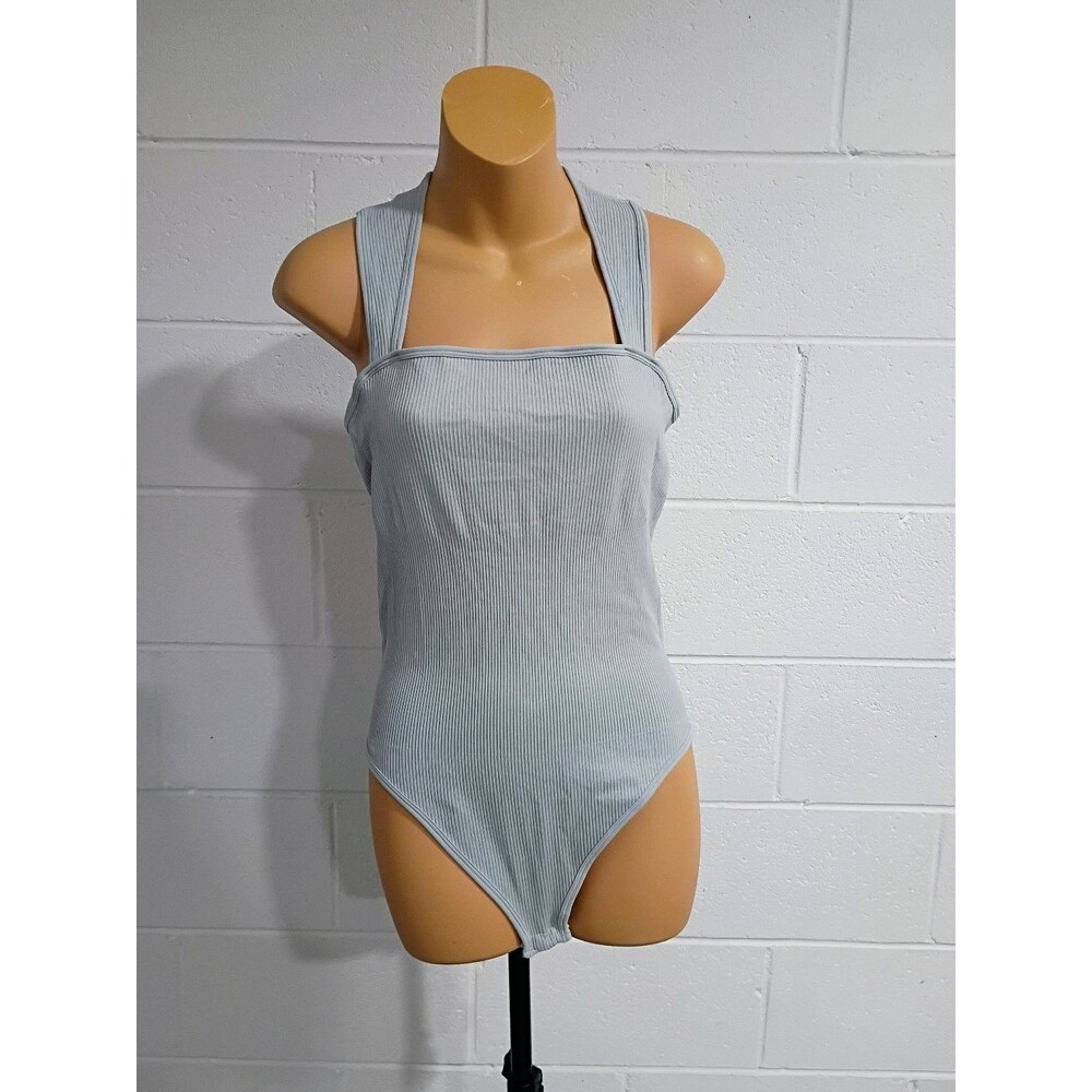 OQQ Women's Ribbed Square Neck Sleeveless Bodysuit Light Blue Size L - Picture 1 of 4